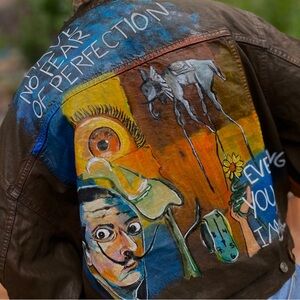 Artistic Brown Jean Jacket with Colorful Design